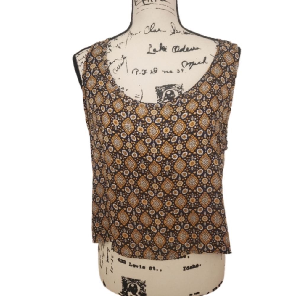 Earthbound | Blue and Gold Print Cropped Lightweight Polyester Tank - Size XL